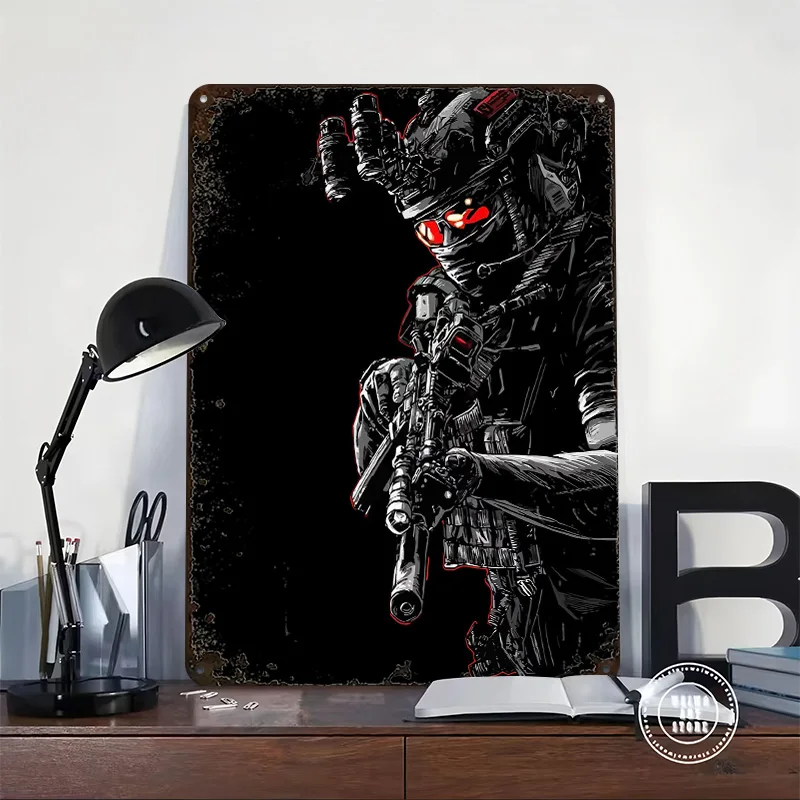 Soldier With Night Vision and Rifle Poster Customized Vintage Metal Signs Wall Art Retro Tin Plaque for Interior Accessories