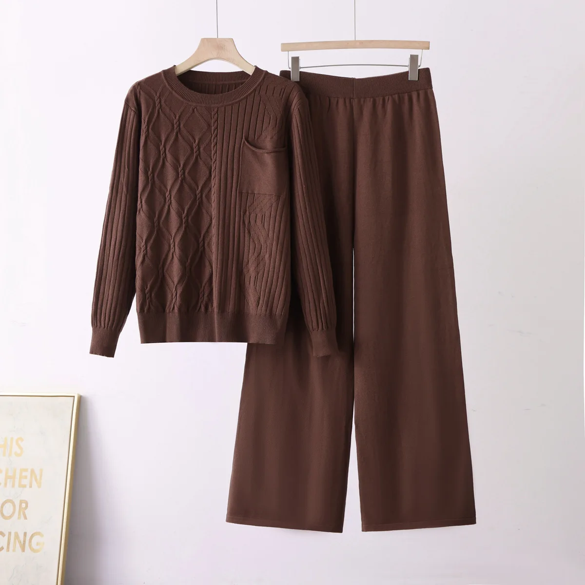Europe, America, Soft Waxy Skin-friendly Round Neck With Pocket Knitted Retro Textured Top, Drape Wide-leg Pants Set
