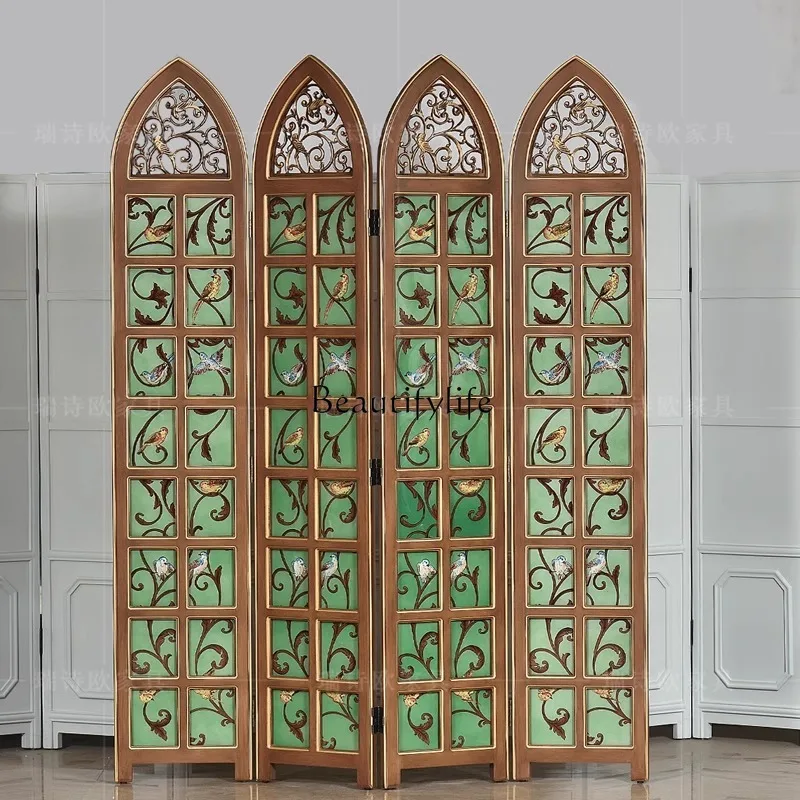 3American rural flower and bird painted folding screen retro green living room blocking glass partition screen four screens