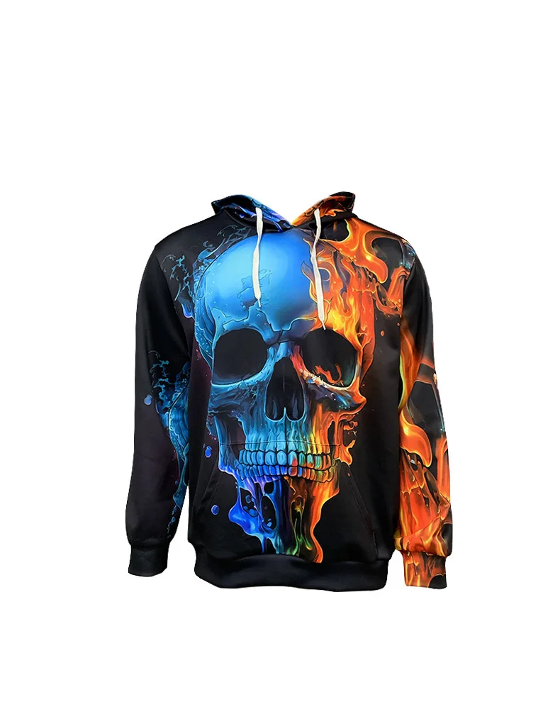 AW621 2024 Spring New Men's Personalized Skull Head Water Fire Double Combination 3D Digital Printed Hoodie