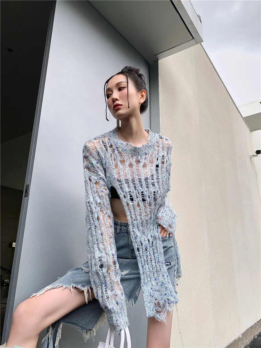 CHEERART Distressed Knit Sweater Women Light Blue Hollow Out Long Sleeve Knit Top See Through Crewneck Fall Sweater Streetwear