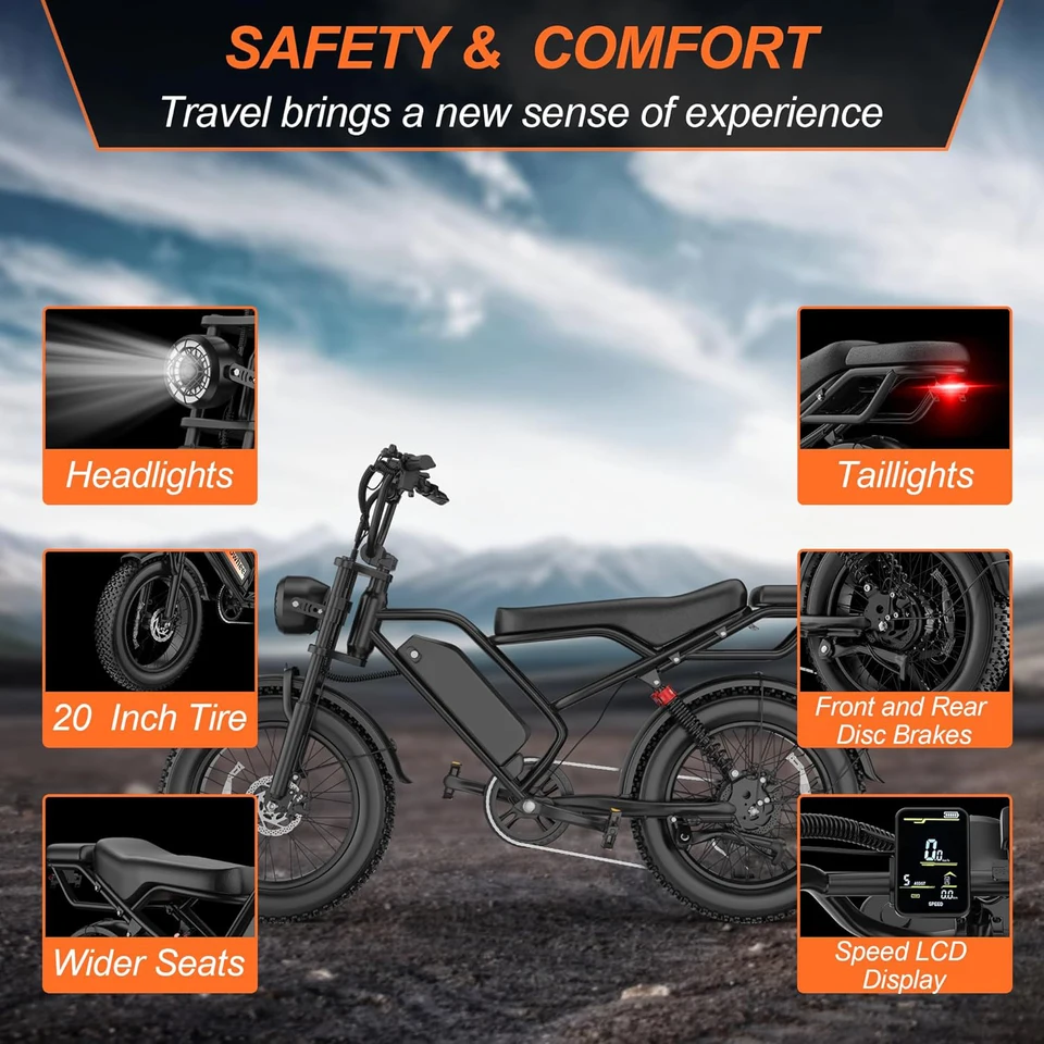 20" Fat Tire Electric Bike 1500W Peak Power 31mph Top Speed 70 Miles Range for Road Sand Mountain Snow Electric Motorcycle image 6