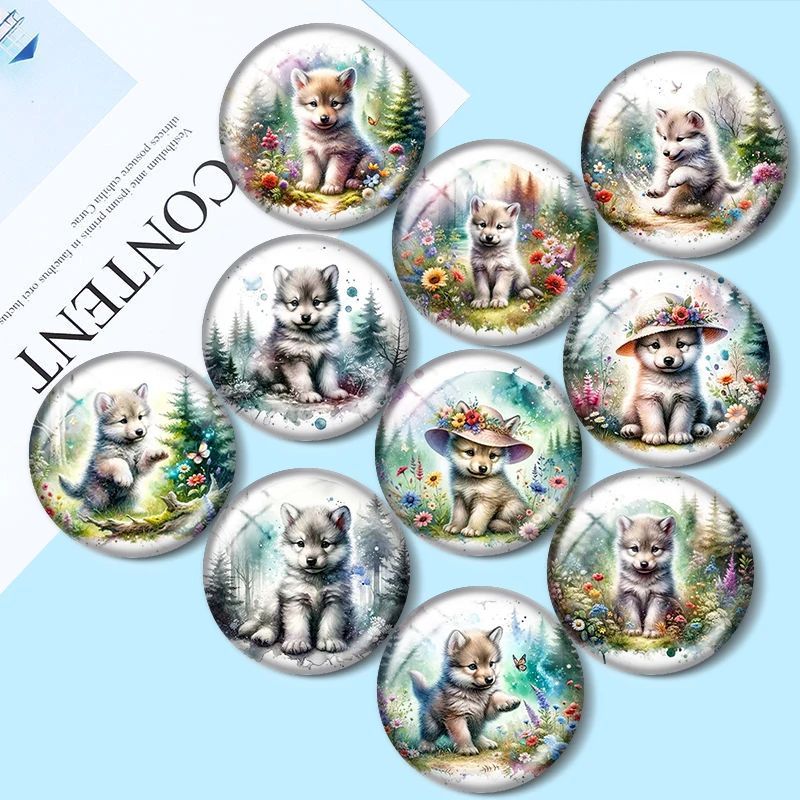 Baby Wolf Flower Forest  10pcs 12mm/16mm/18mm/30mm Round Photo Glass Cabochon 25mm Demo Flat Back Making findings