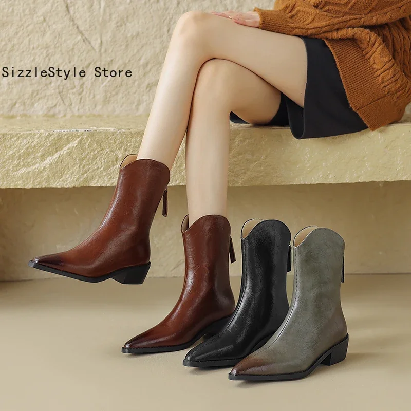 Retro Style Lambswool Thick Wool Lining Short Tube Thick Heel Pointed Toe Rear Zipper Large Size Short Boots