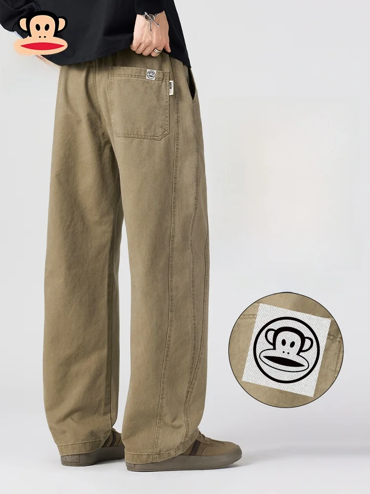 

PaulFrank Loose Straight Leg Cotton Trousers Men's Retro American Sle Wide Leg Pants Autumn Casual Wear Pure Color