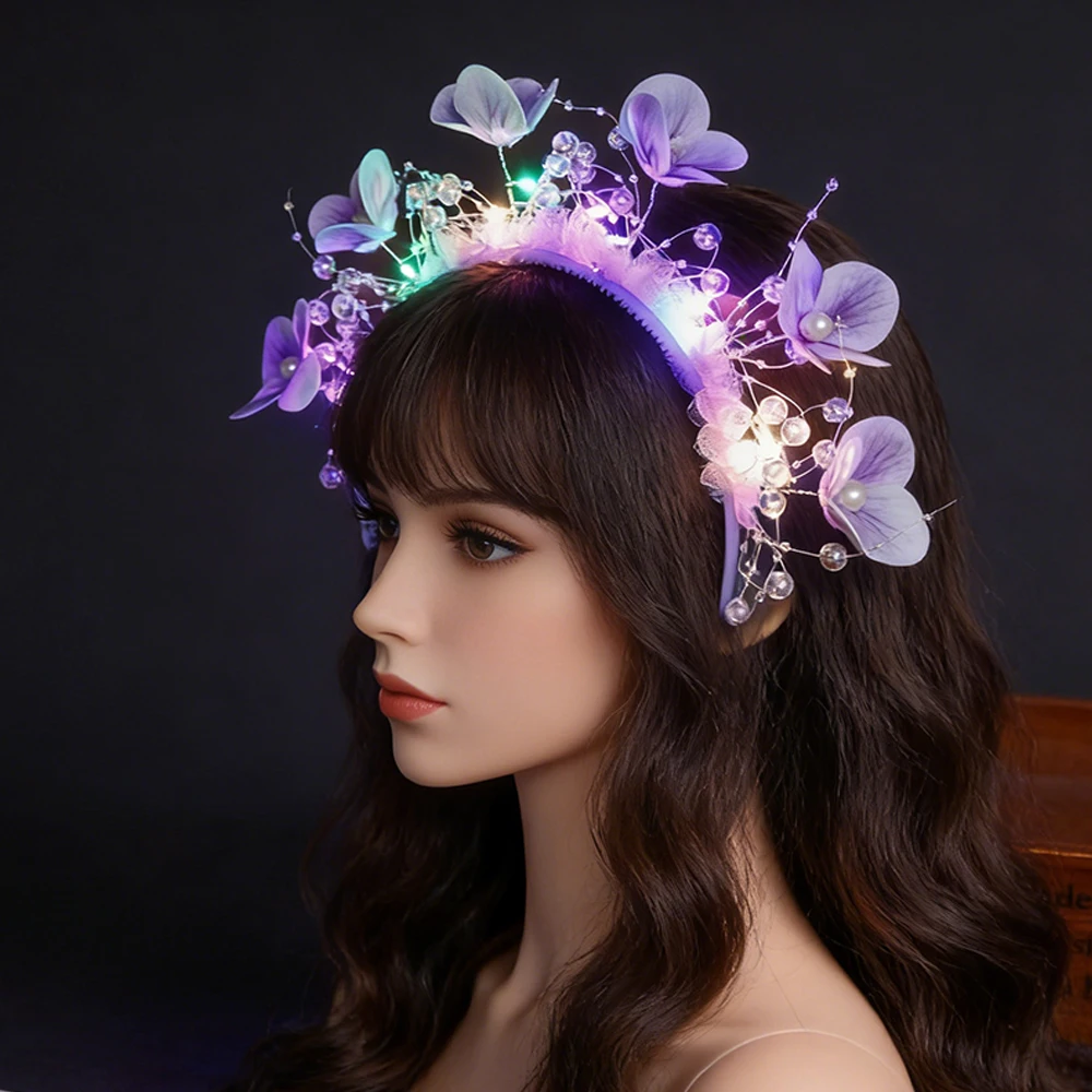 Glowing Flower Butterfly Headband LED Light Up Hair Hoop Children Flashing Hair Band New Year's Eve Party Headdress Photo Props
