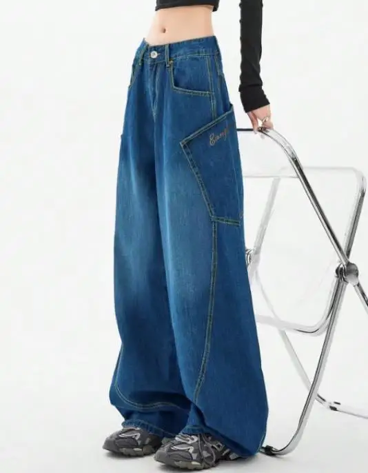 Women's Jeans 2026 New Spring Autumn Retro Blue Pocket Design High Waist Loose Streetwear Casual Wide Leg Curved Knife Pants