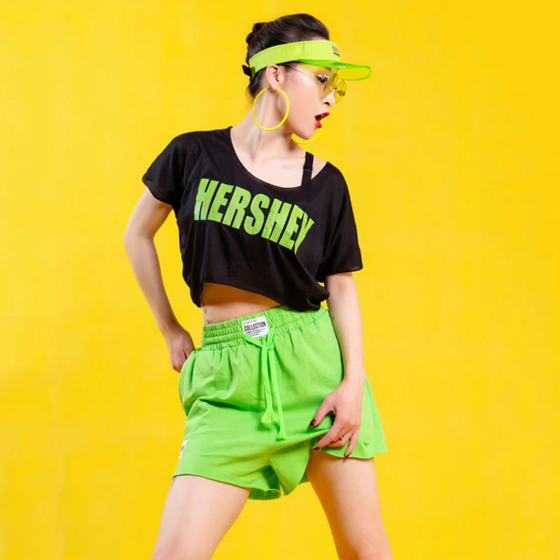 Hip Hop Dance Costume Adult Street Dancing Clothes Fluorescent Jazz Top Hip Hop High Waist Paants Rave Outfit StageWear XS4603