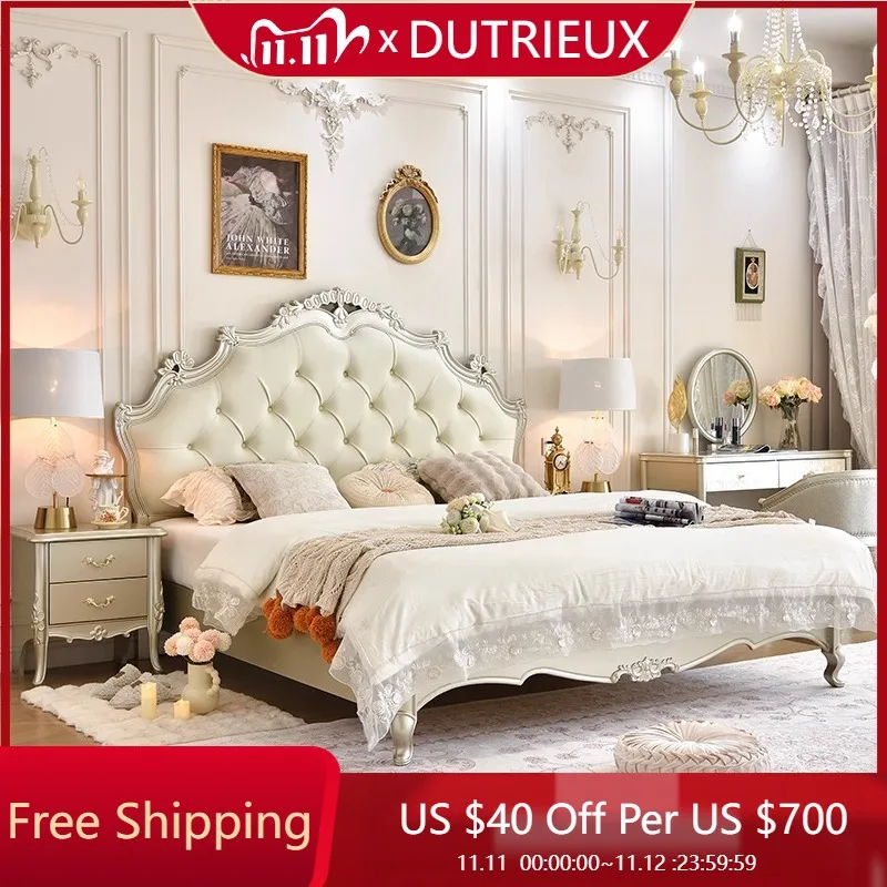

White Cream Bed Accent Nordic Luxury Bedroom Design Double Floor Princess Bed Sleeping Space Saving Cama Lounge Suite Furniture