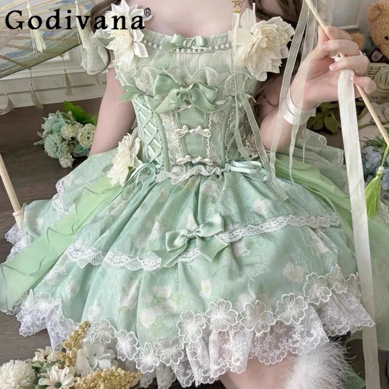 

Lolita Princess Two Piece Set Women's Printed Elegant Birthday Party Skirt Outfits Female Summer Flower Top and Skirt Suit