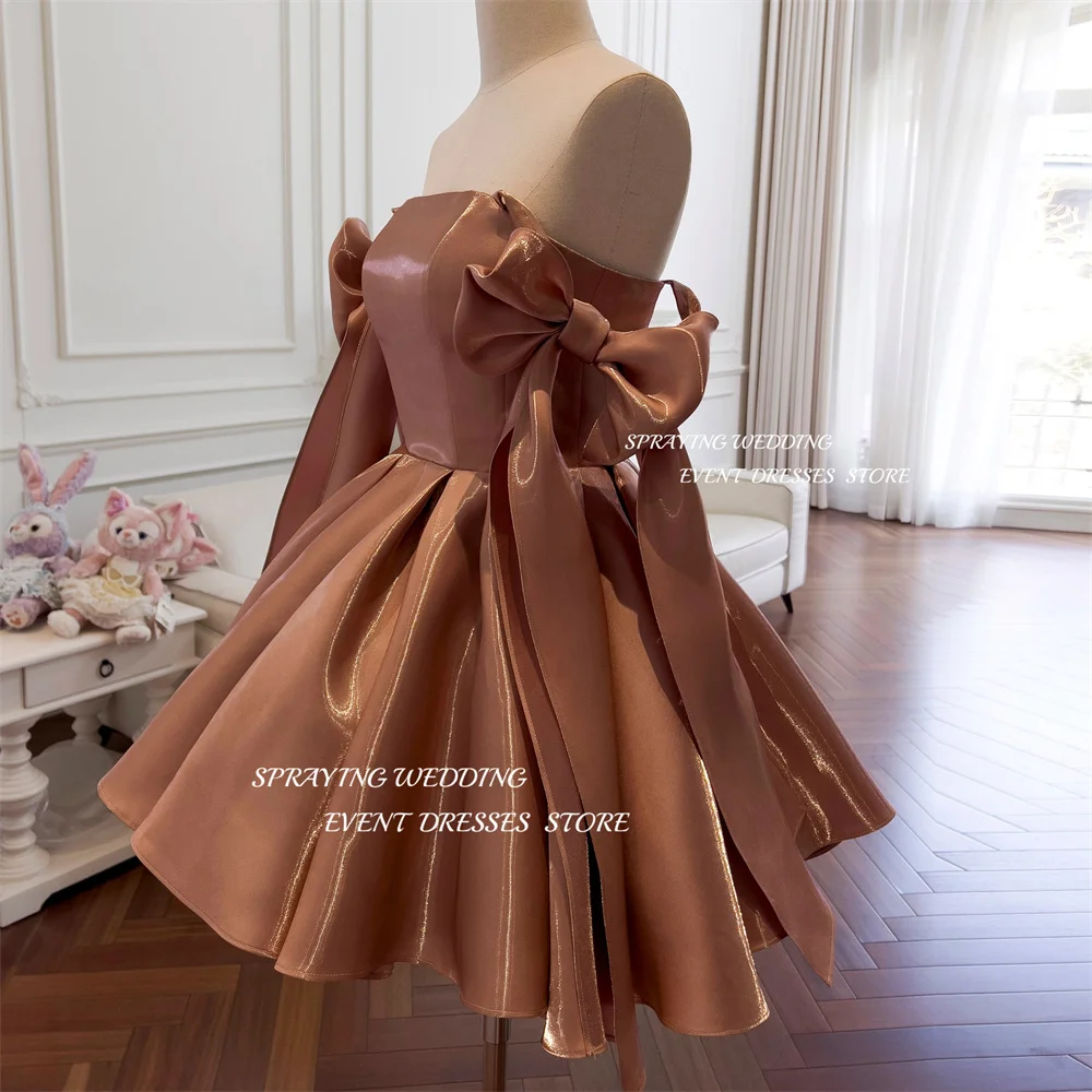 스프레이 짧은 갈색 커피 실크 댄스 파티 드레스 Bowknot 스트랩 미니 아랍어 여성 미국 저녁 공식 가운