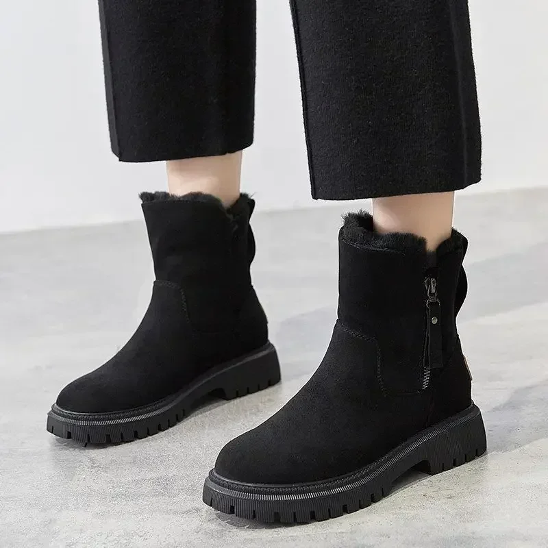Bottes de neige à tube moyen pour femme, velours plus, épaissi, chaud, chaussures en coton, fourrure intégrée, mode, plateforme, chaussons pour femme, hiver