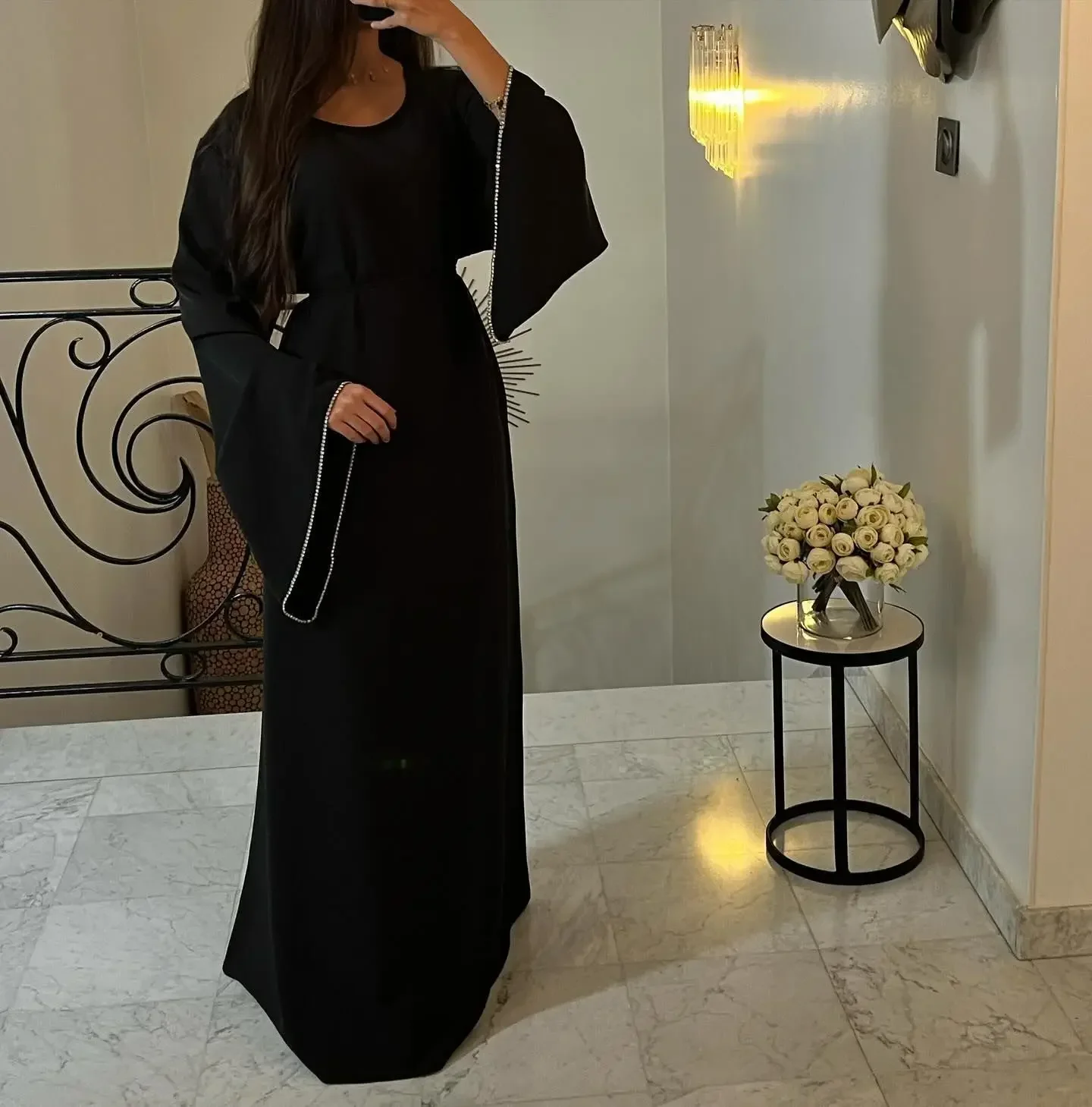 Ramadan Eid Diamant Langarm Djellaba muslimischen Kleid Dubai Mode Abaya dünne muslimische Roben Islam Robe Frauen Satin langes Kleid