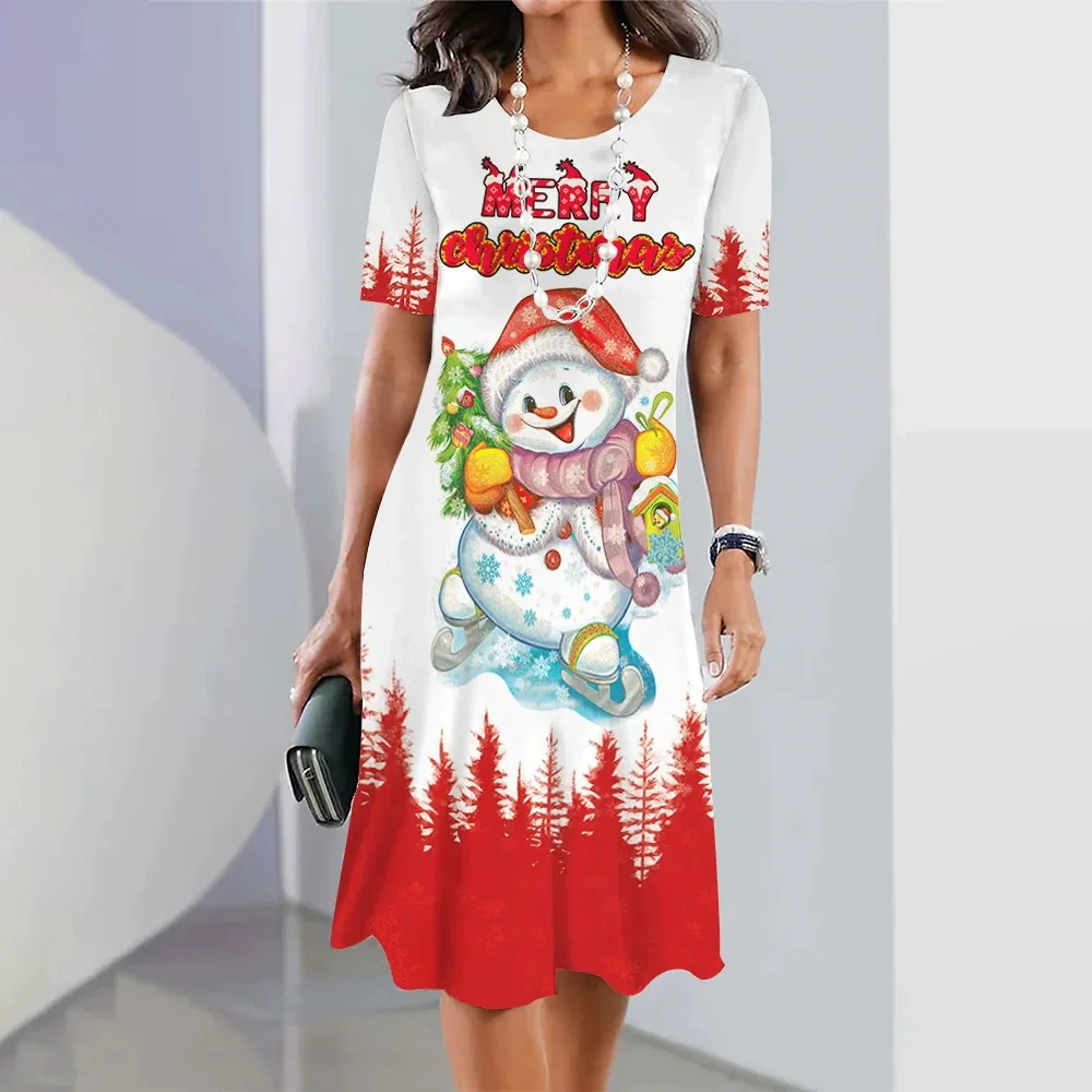 

Cute Christmas Snowman Pattern Women Mini Dresses Short Sleeve 3D Printed Street Trend Christmas Style Ladies Dress 3XL Big Size