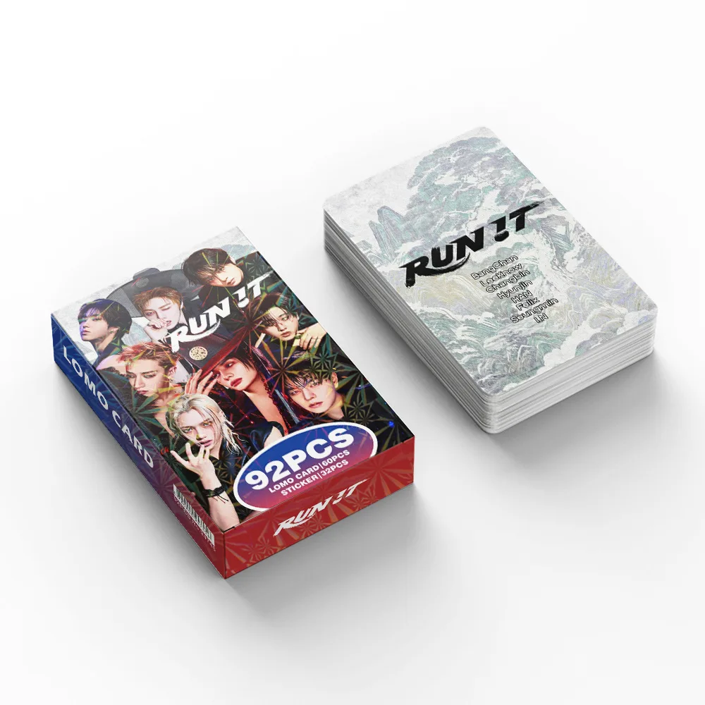 92 K-pop boy group mini cards, 'RUN IT' song merchandise, 3-inch photo cards, celebrity stickers, LOMO cards, fan gifts