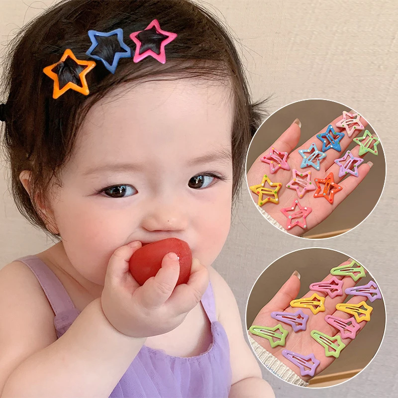 10pcs Children Cute Five-pointed Star Hair Clip Multi-color Polka Dot Stars Metal Hairpins for Women Girls Makeup Bangs Hairgrip