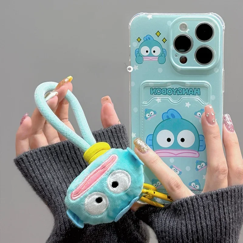 Cute Cartoon Sanrio Hangyodon Card Wallet Pocket Phone Case For iPhone 15 14 13 12 11 Pro Max Soft TPU Cover With Lanyard