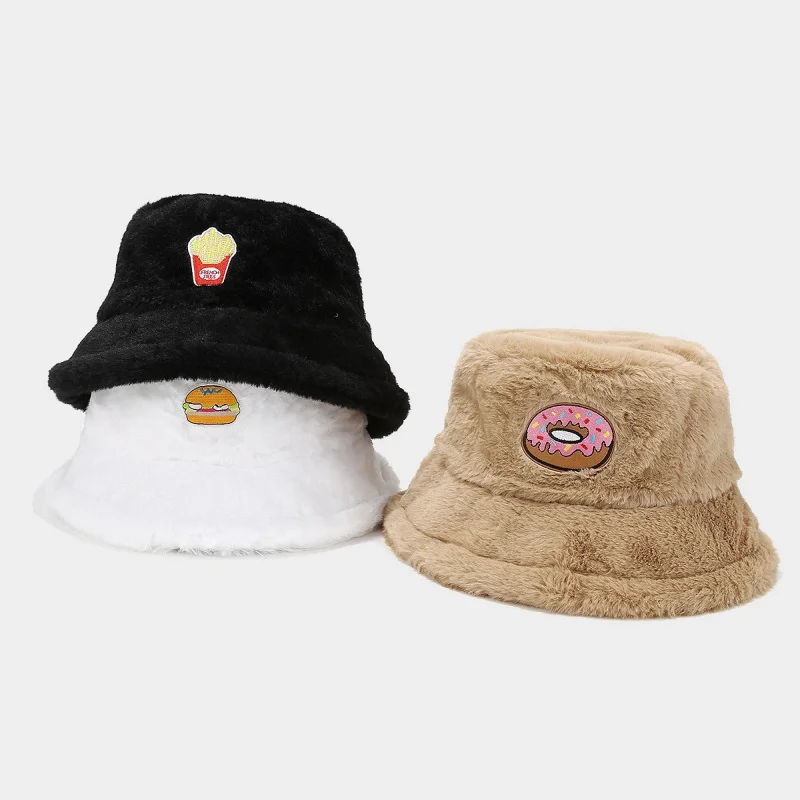 Fast Food Embroidered Fuzzy Bucket Hat, Winter Warm Plush Fisherman Cap, Casual Outdoor Hat