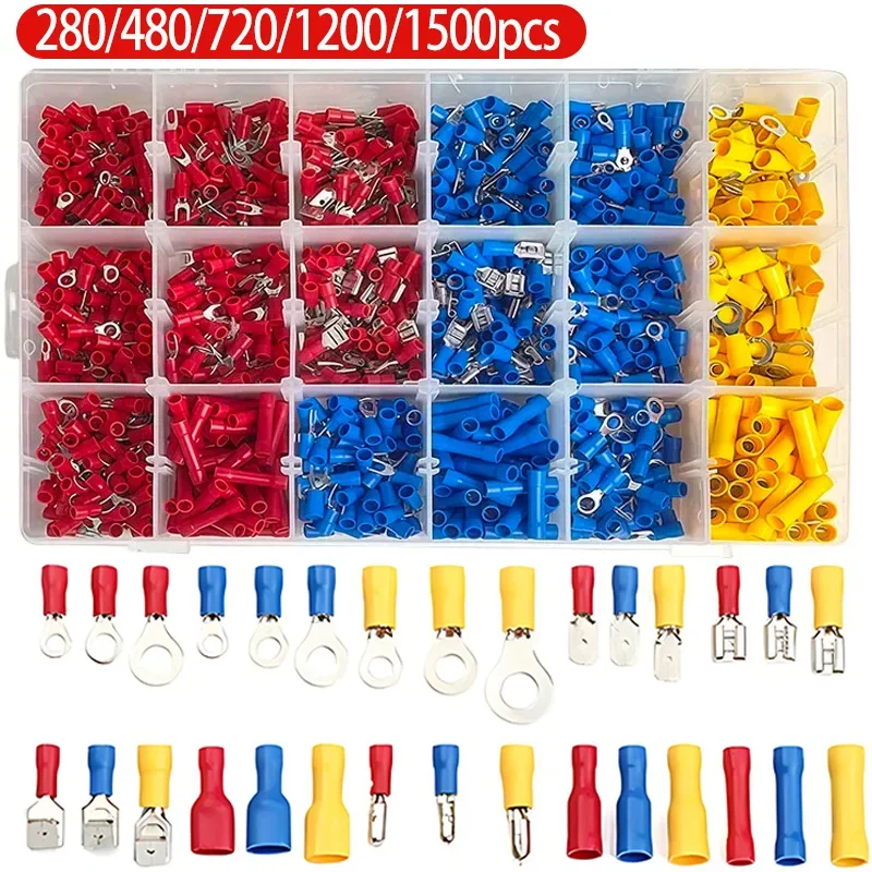 280/480/720/1200pcs Cold Pressed Terminal Kit - Insulated Quick Connect Spade/Ring/Fork Crimp Connectors for Automotive Wiring
