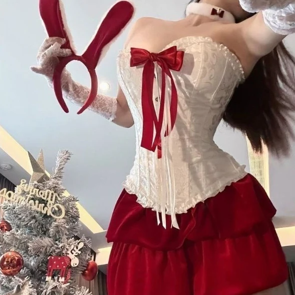 

Christmas Sexy Bow-tie Bustier Dress Bunny Girl White Retro Style Top Red Skirt JK Uniform Full Set for Women Xmas Party