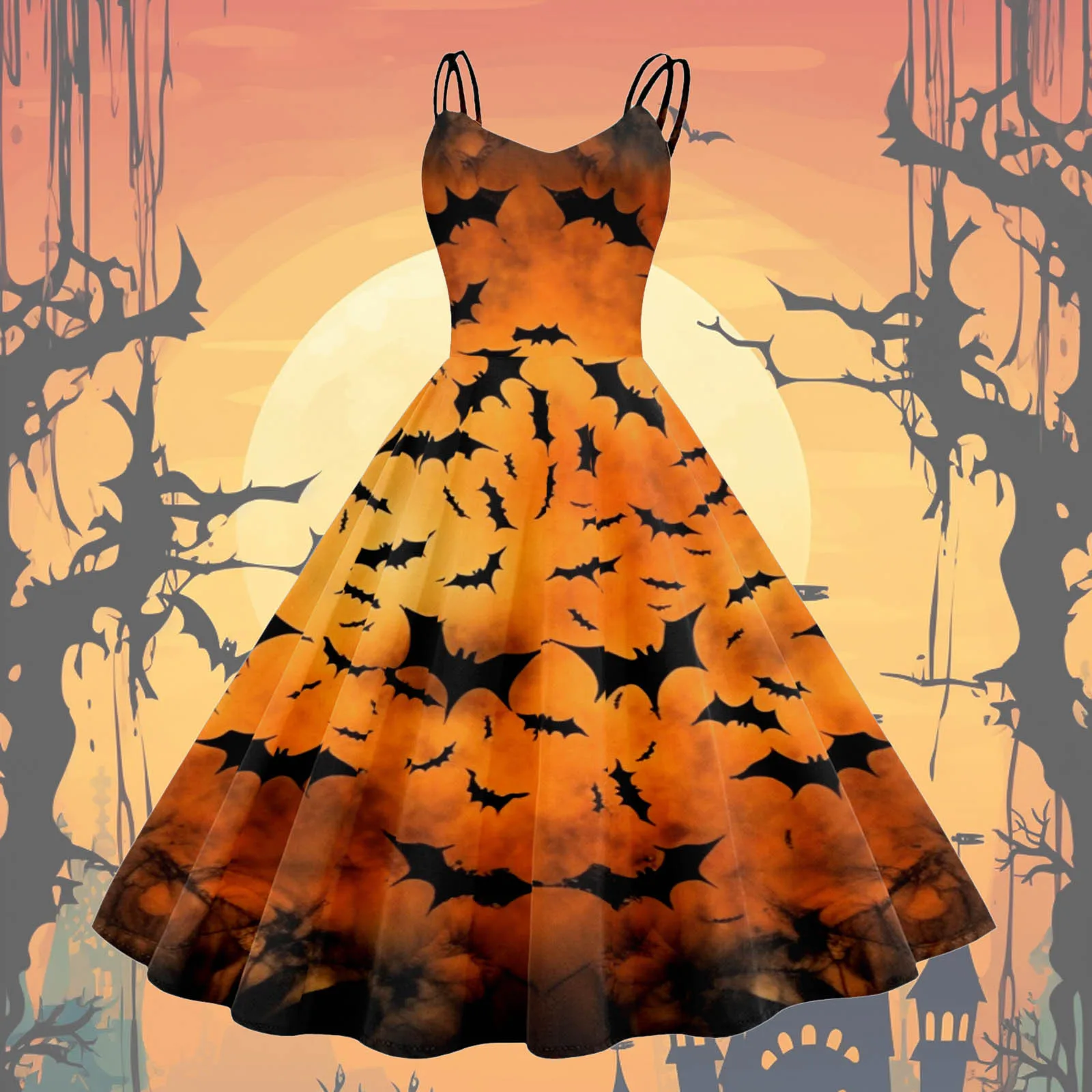 

Halloween Bat Print Women Dress Sleeveless Evening Party Prom Dress Spaghetti Strap Large Swing Women Long Dress Costume