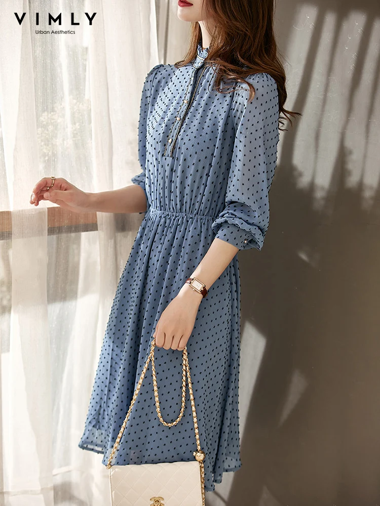 VIMLY Autumn Dot Party Dress for Women Lantern Long Sleeve A-line Slim Waist Stand Collar Midi Dress Office Lady Vestidos V0808