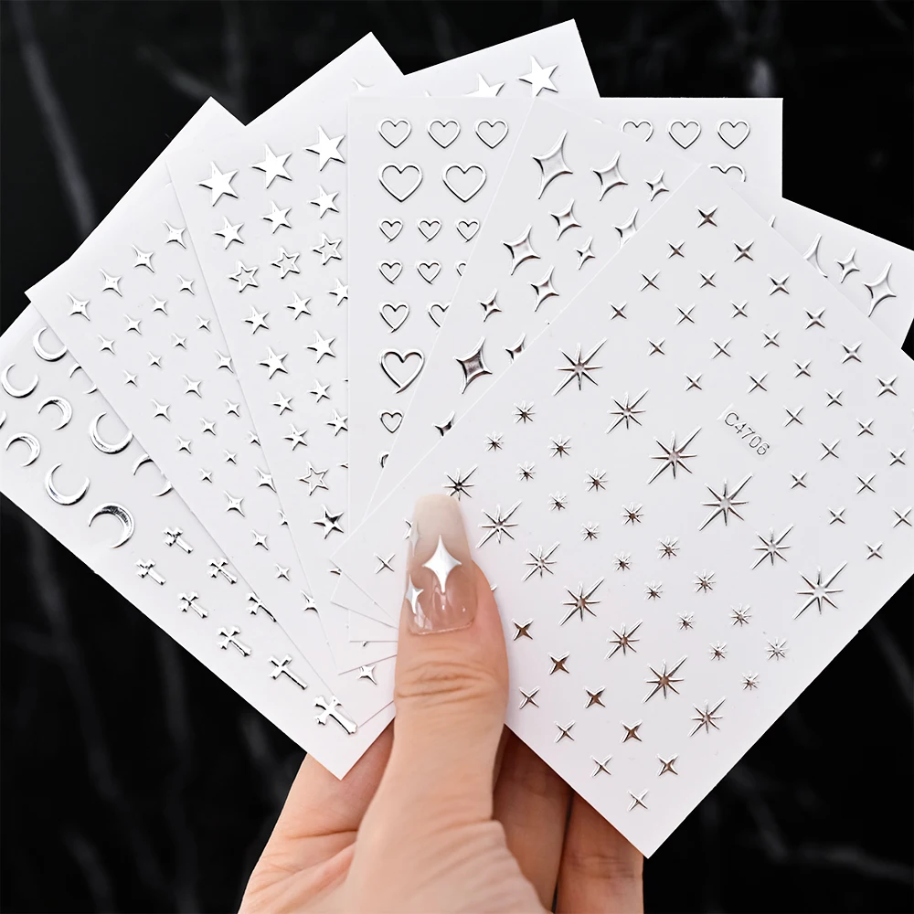 1Pcs 3D Laser Metallic Silver Stars Heart Nails Stickers Liquid Mirror Effect Cross Starlight Moon Y2K Adhesive Slider Manicure