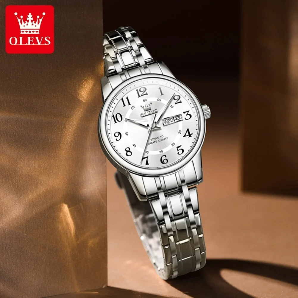OLEVS 2891 Luxury Quartz Watch For Women Waterproof Luminous Watches Dual Calendar Clock Number Dial Original Women's Wristwatch