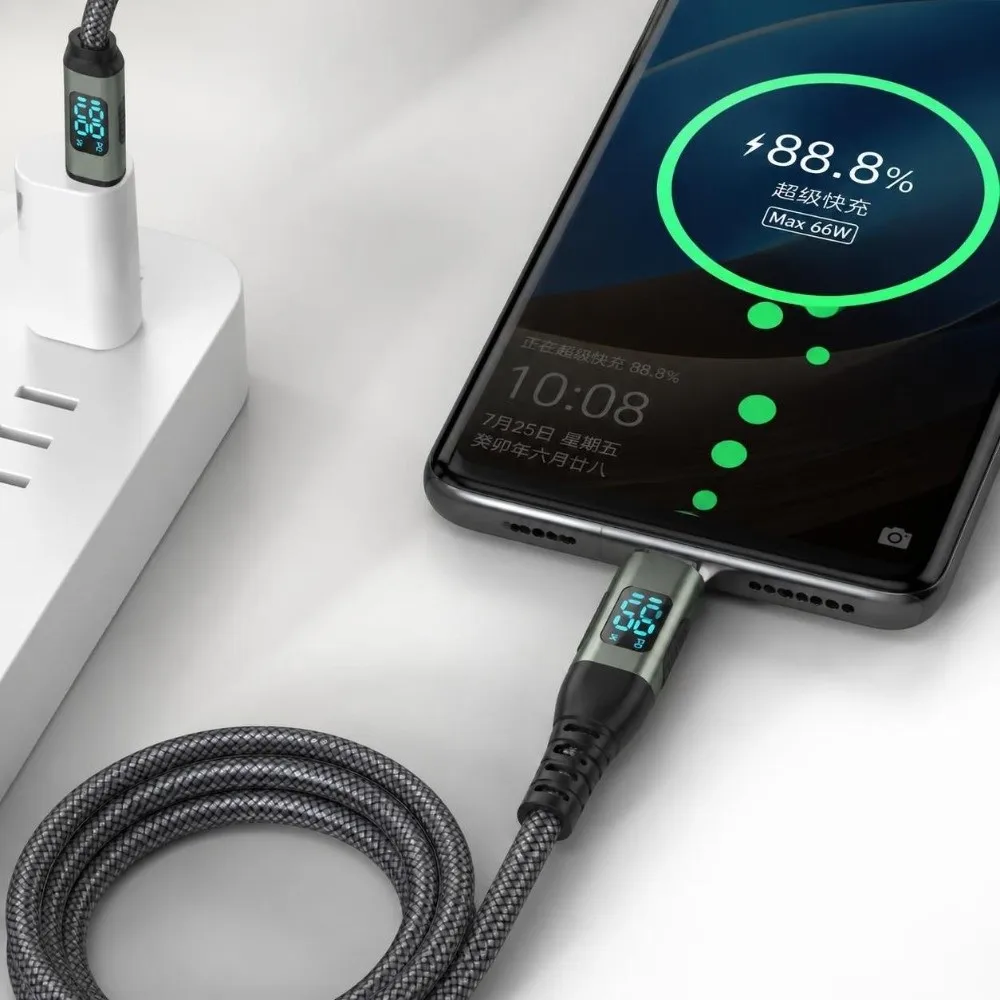 100W Power Fast Charging Cable Dual Type-C Connector 6A Current PD Charging Cable LED Digital Display Dual Head Charging Cable