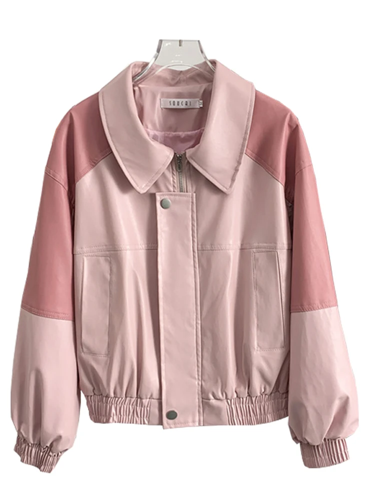 

Куртка женская Байкерская составного кроя из экокожи с отложным воротником