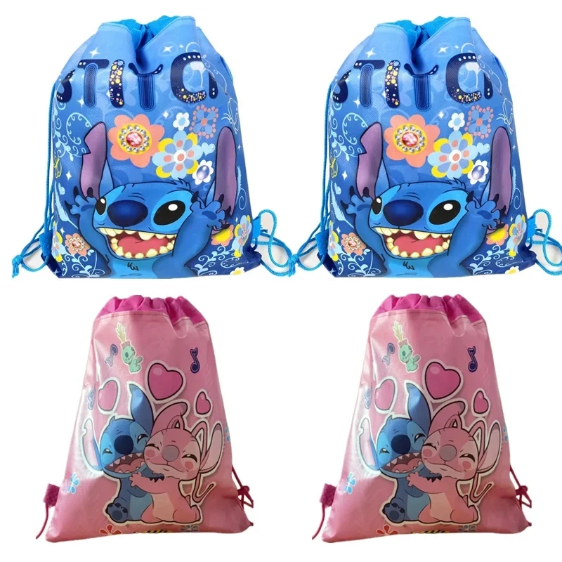 12Pcs Disney Lilo Stitch Mickey Minnie Mouse Non-woven Drawstring Bags Kids Swimming School Backpacks Shopping Bag Party Gifts