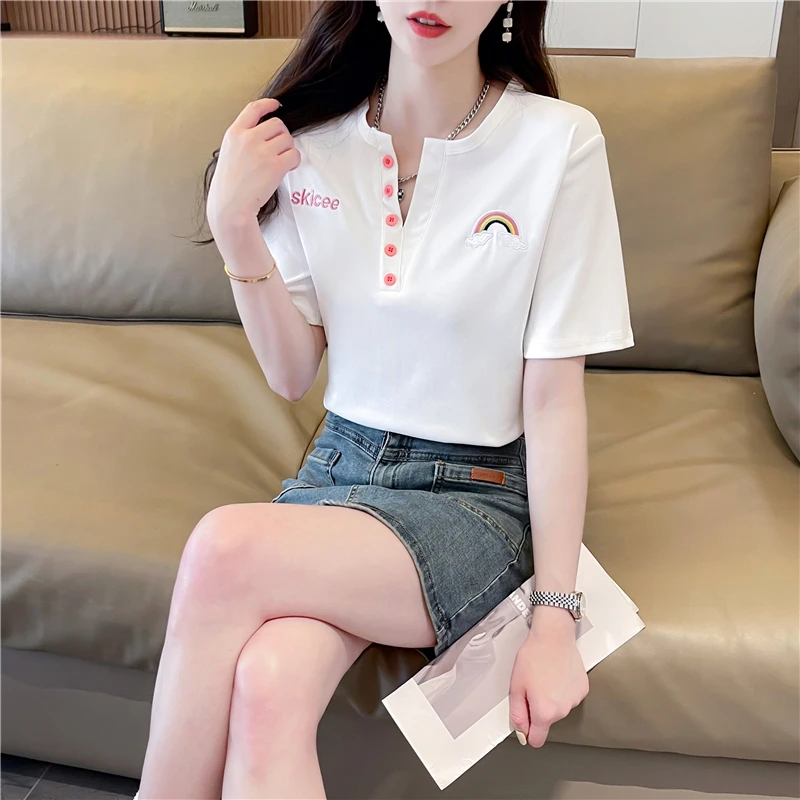 Button V-Neck Pullover Letter Embroidered Short Sleeve Round Neck T-shirt for Women's Casual Summer Flattering Sweet Tops