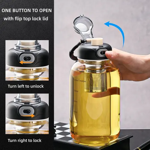 Imagen 2 del producto Vaso de té de vidrio con infusor, botella de agua de vidrio grande con funda y tapa de cerradura, botella de agua deportiva reutilizable para gimnasio y hogar