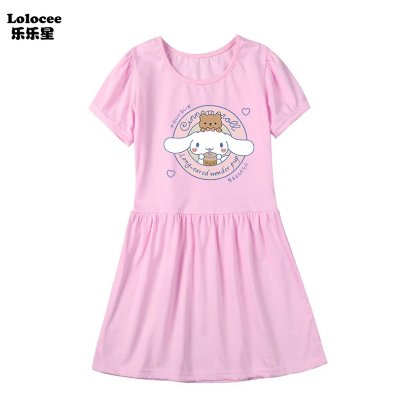 Sanrios Hello Kittys Dress My Melody Kuromi Girls Short Sleeve Dress Cartoon T-Shirt Fashion Princess Dress Summer Kids Clothes