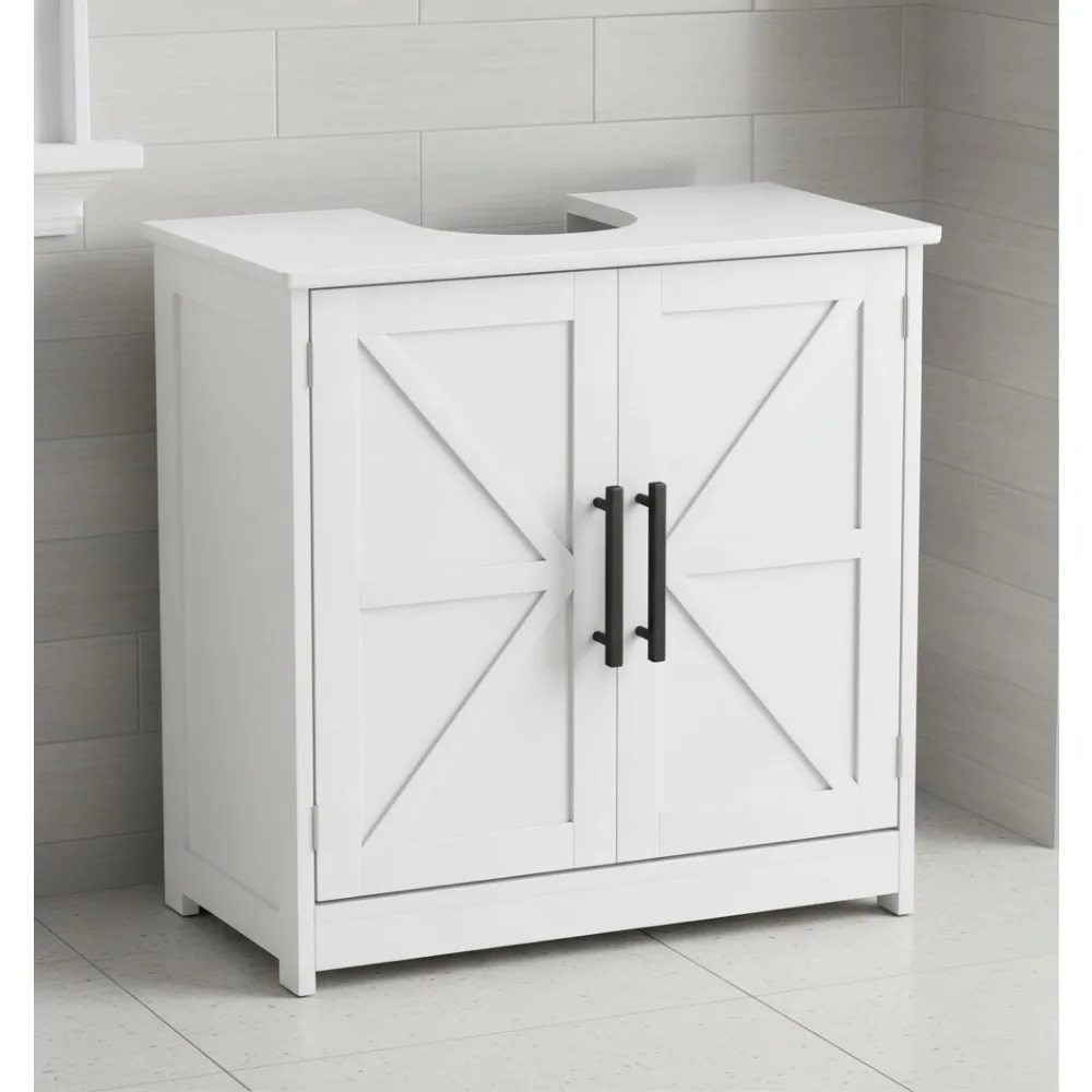 

Отдельно стоящий шкаф для раковины в ванной комнате в фермерском доме с регулируемой полкой, 2 дверцами сарая, белое хранилище для небольших помещений