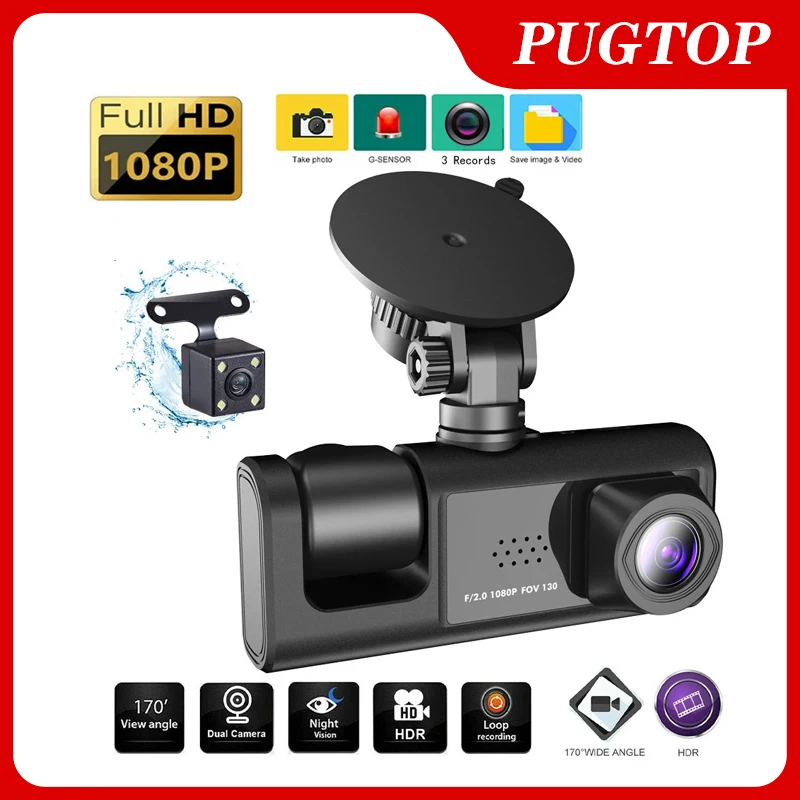 PUGTOP Car DVR 3 Channel HD 1080P 3Lens Inside Vehicle Dash CamThree Way Camera DVR Recorder Video Registrator Dashcam Camcorder