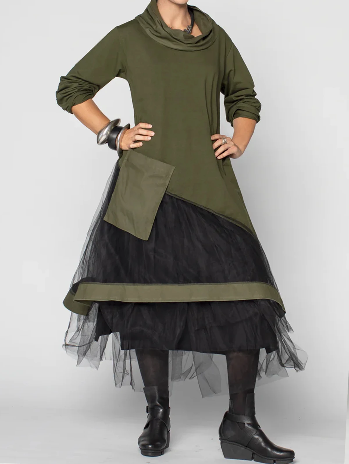 Damen-Kleid in Übergröße, Patchwork-Mesh, gestuft, langärmelig, Maxikleid, Vintage-Stil, weiblich, A-Linie, asymmetrischer Saum ﻿