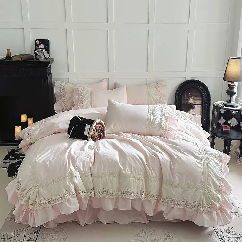 

Exquisite Lace Pink And White Washed Cotton Bedding Set, Duvet Cover, Linen Fitted Sheet, Pillowcases, Home Textile