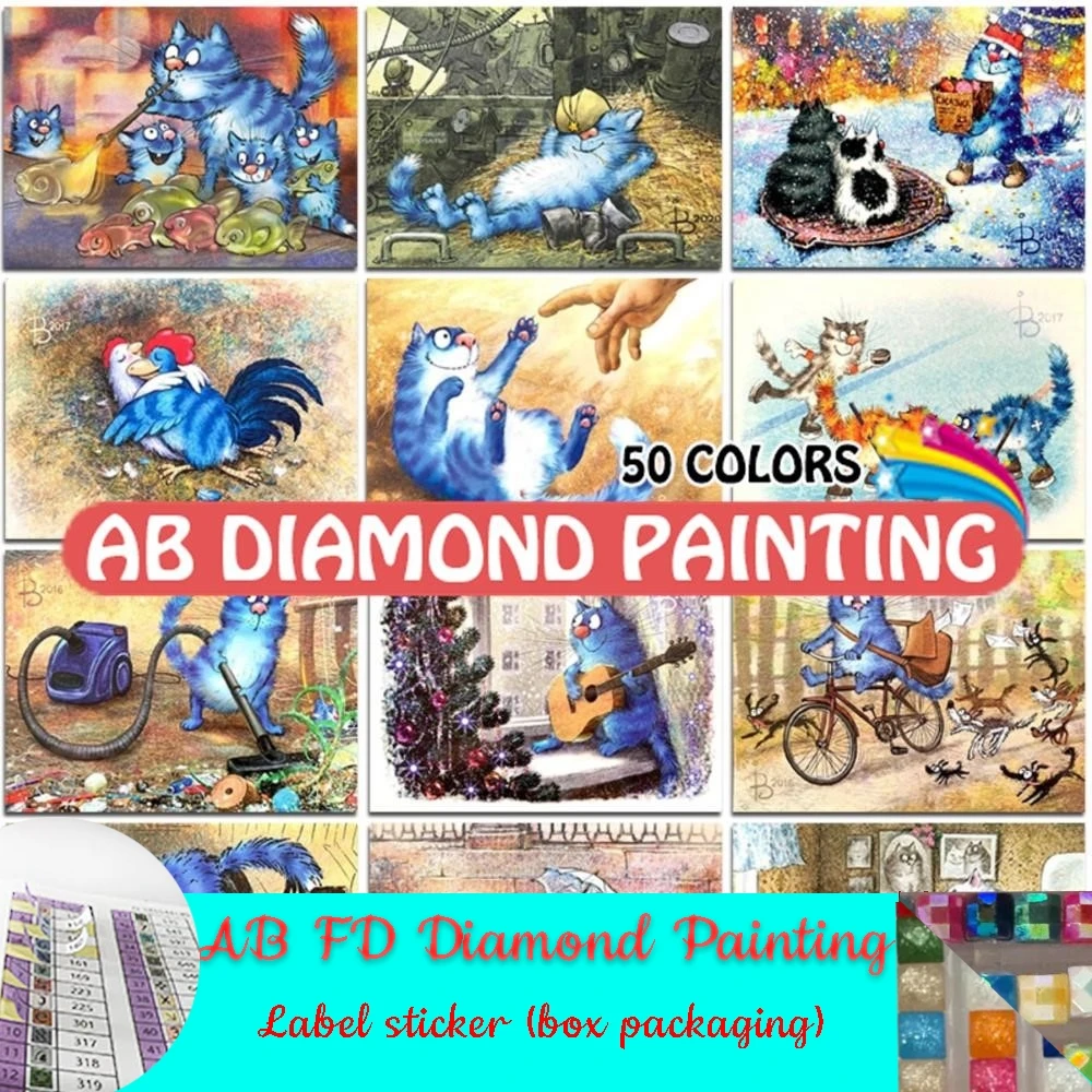 AB FD Diamond Painting Blue Cat and Mouse Diy Full Drills Embroidery Mosaic Art Cross Stitch Home Mural Animal Decor Cartoon Kit