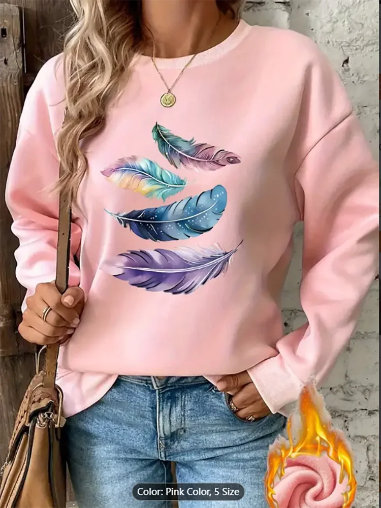 Felpa da donna con stampa grafica di piume colorate, foderata in pile, pullover oversize casual per gli amanti dello stile Boho, puro cotone