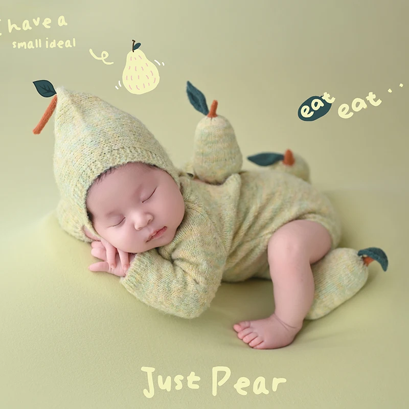 Fruit Costume Set Cute Pear Baby Photography Outfit Soft Baby Posing Knitted Jumpsuit Hat Studio 5pc Pear Decoration Accessories