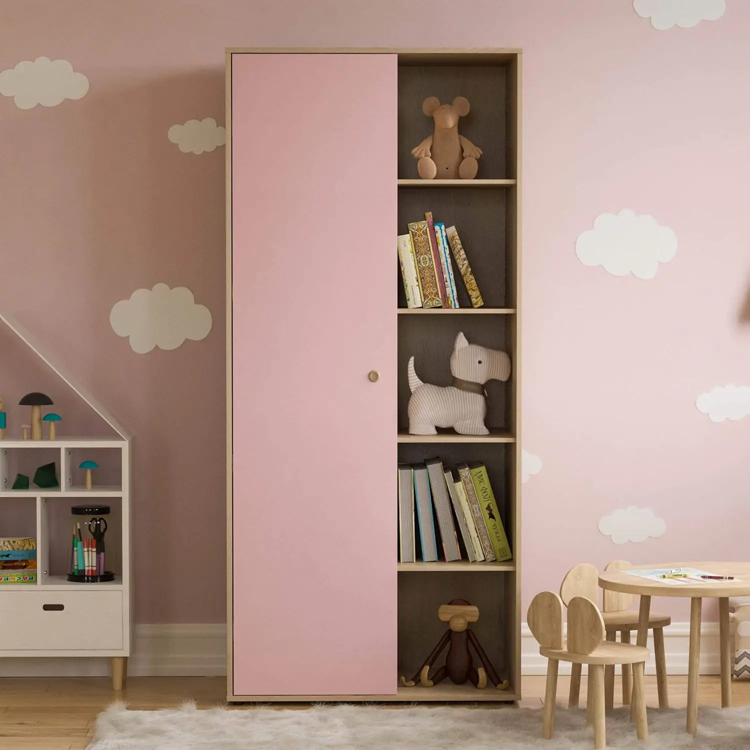 Multifunctional Kids Wardrobe Girls Houseuse Storage Rack Toys Books Shelves Child Closet Wood 1 Door Bedroom Furniture