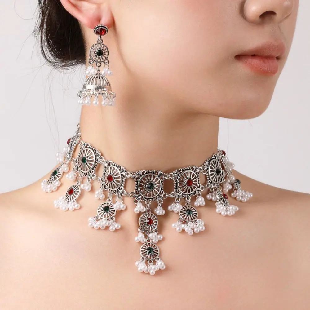 Koreanischen Stil Kristall Schmuck Set Böhmen Türkis Strass Quaste Ohrring Kopf Kette Ohrringe Funkelnde Halskette Hochzeit