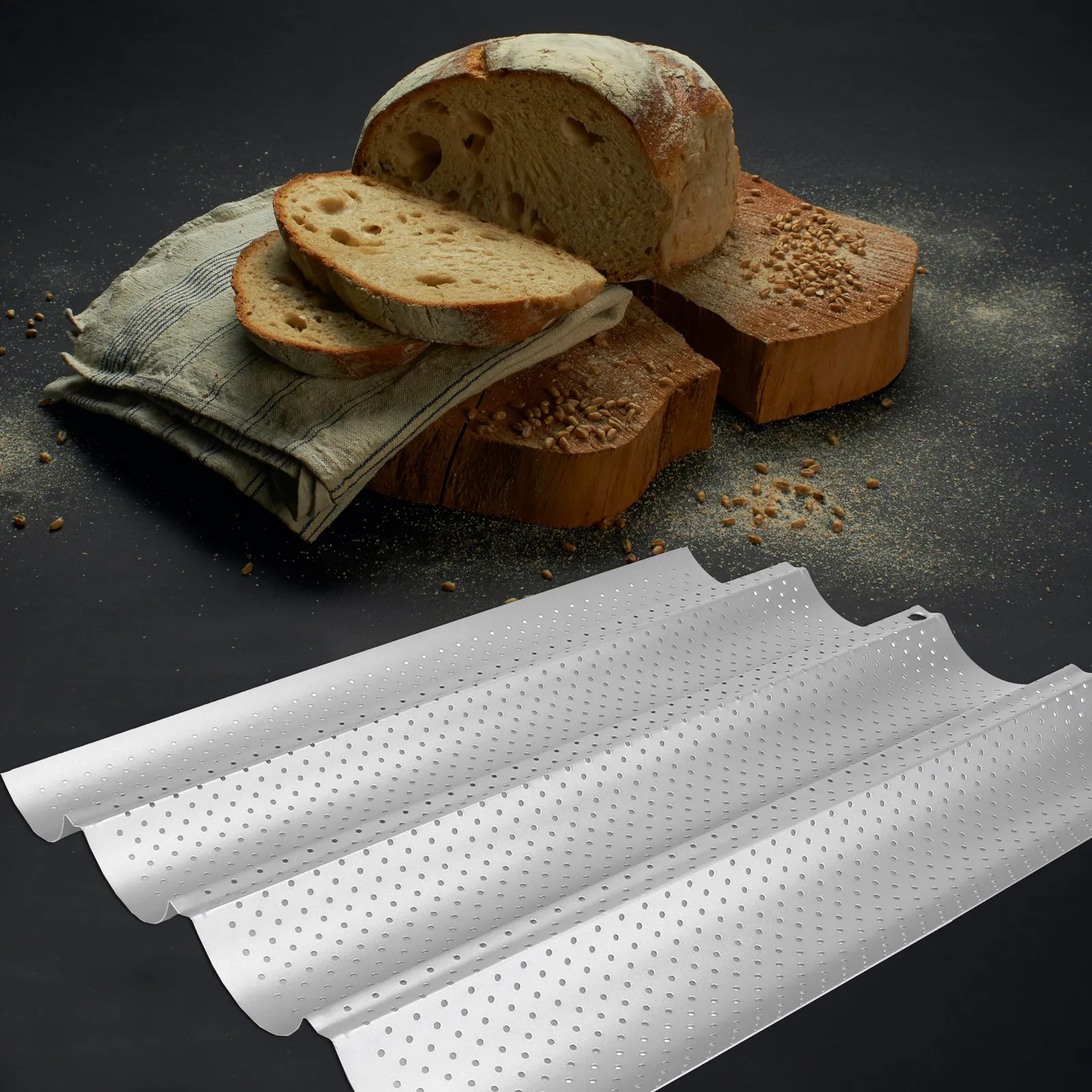 2Pcs French Bread Pan Perforated Nonstick 4-Well Carbon Steel Mold Tray Oven Baking Loaves Dishwasher Safe Pan