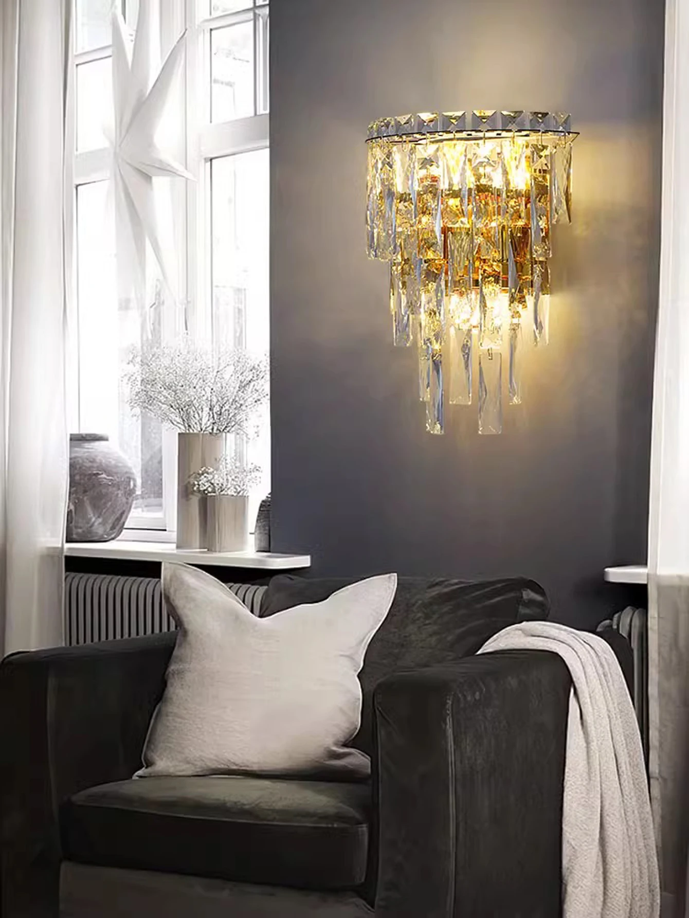 Gold/silver double layer crystal wall lamp, suitable for living room, bedroom, bedside home decoration lamps and lanterns