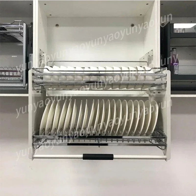 Stainless Steel Tableware Storage Double-layer Drop-down Hanging Cabinet, Buffer Lift Kitchen Basket