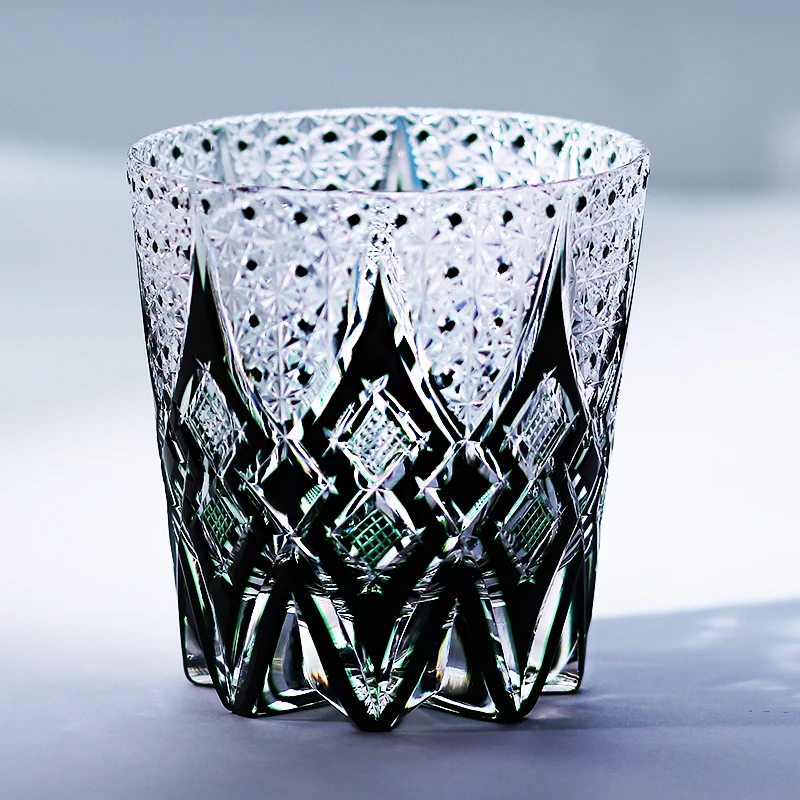 320ml Hand Engraved Japanese Style Whiskey Glass Tumbler Black/Green Edo Kiriko Cut Ambition Design Barware for Gifts