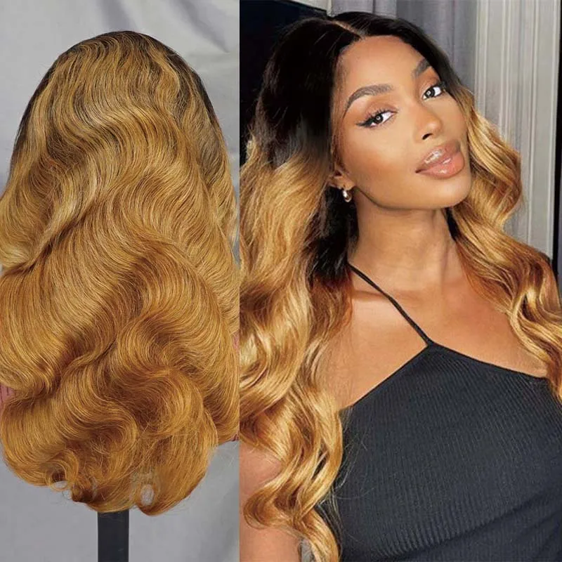 Perruque Lace Wig Remy Brésilienne Naturelle, Cheveux Blond Moyen Ombré #1BT30, avec Raie Libre, pour Femme