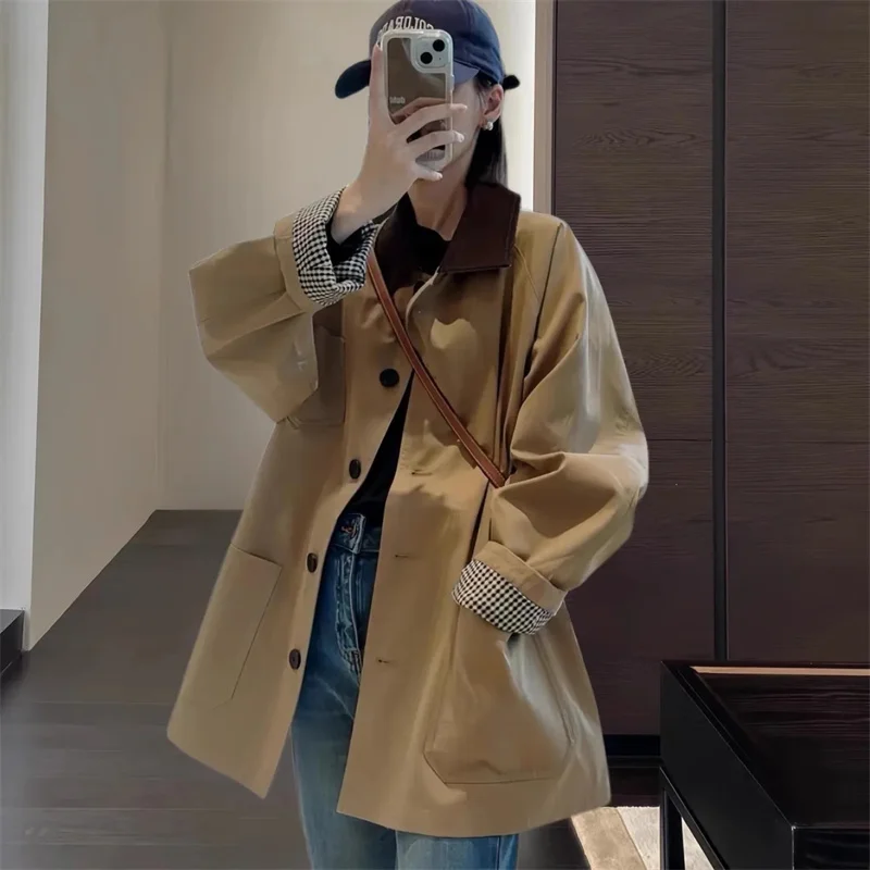 

Spring Autumn Ladies Color Blocking Jacket Korean Female Casual Windbreaker Coat 2025 Women Fashion Long Sleeves Trench Outwear