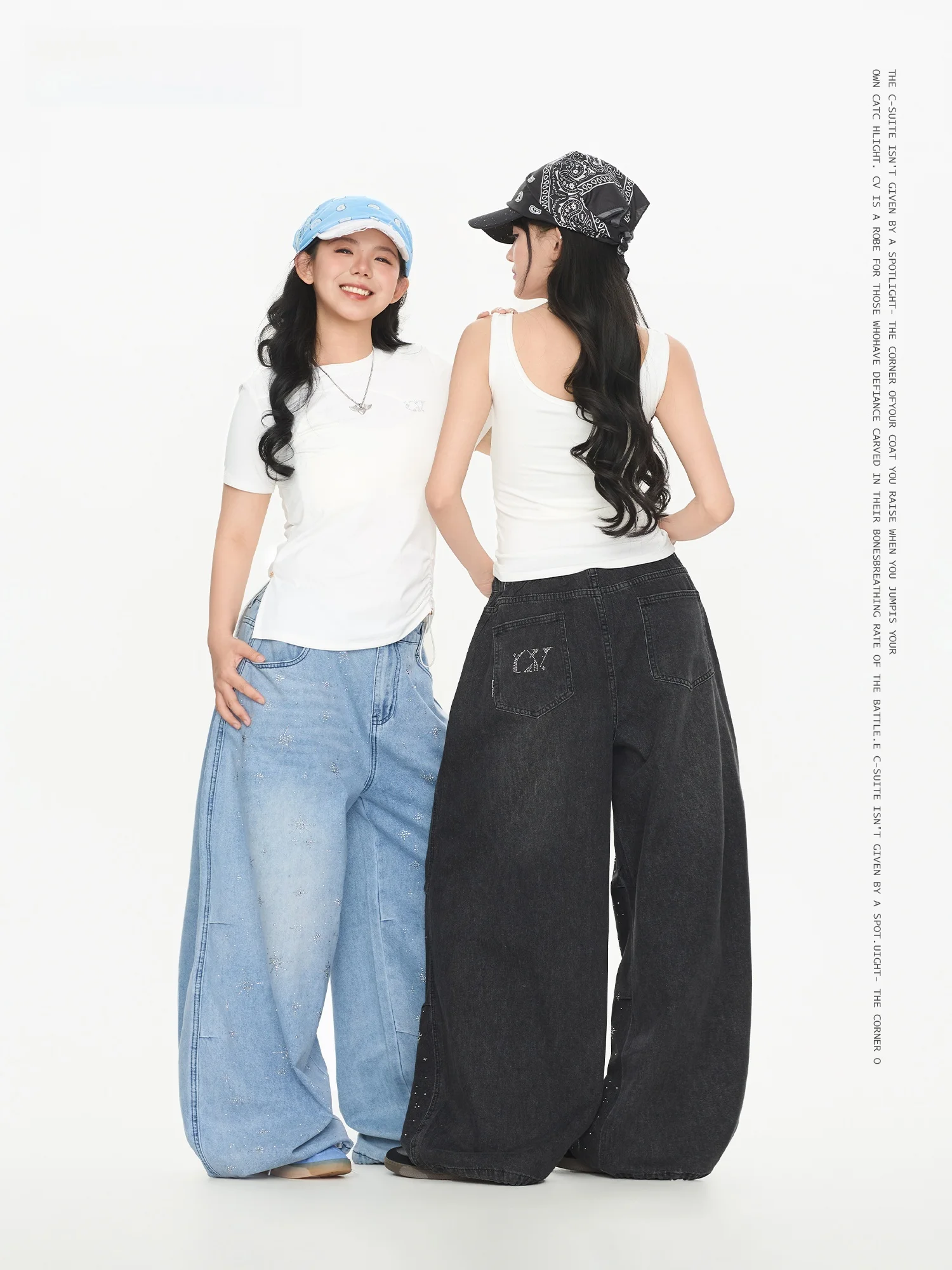 CV Dance Streetwear Glittering Secret Diamond Embellished Loose High Waist Denim Jeans Casual Straight Leg Pants for Women